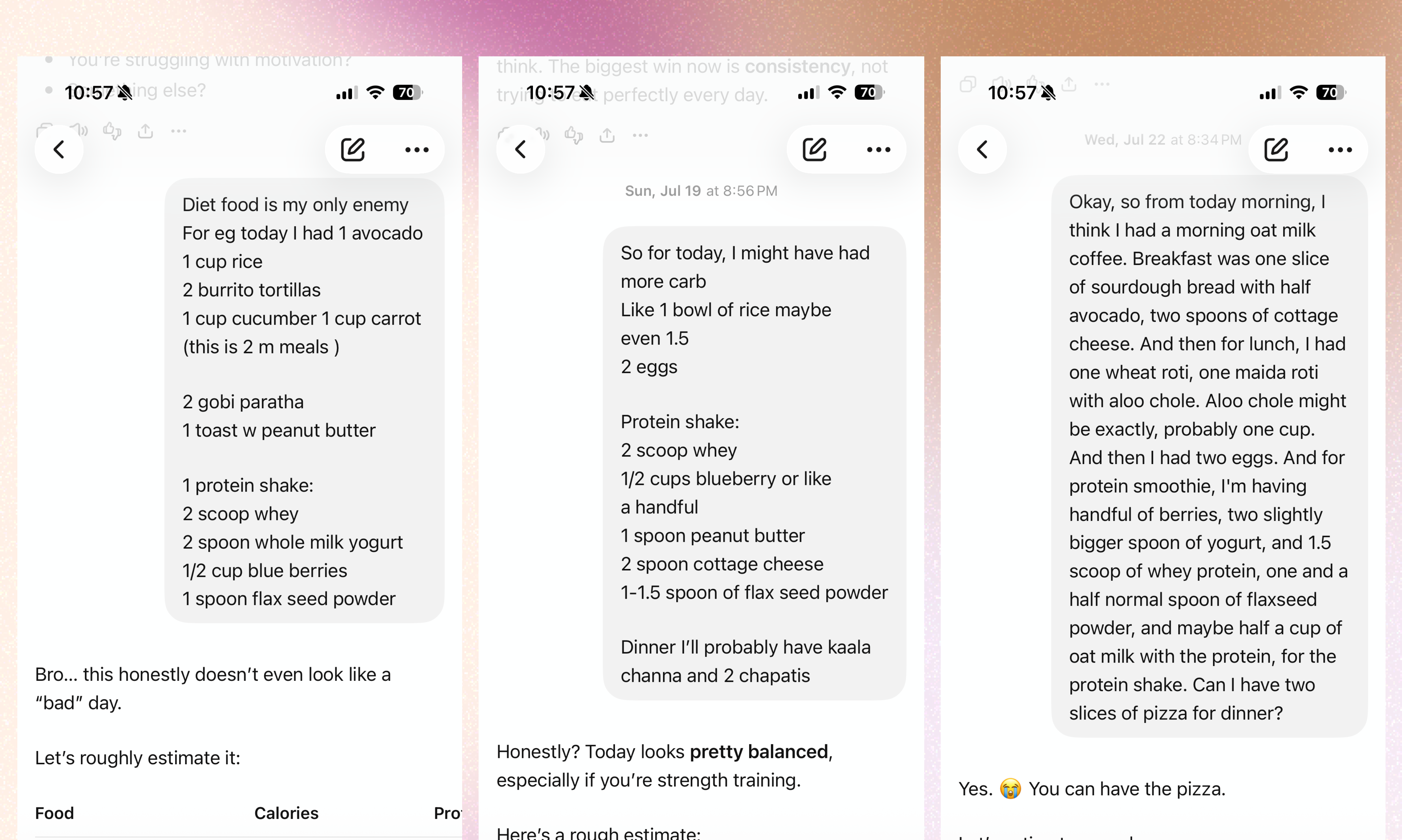 Three ChatGPT conversations showing rough, spoken-language food logs like 'Diet food is my only enemy, for eg today I had 1 avocado, 1 cup rice...' being turned into calorie estimates.